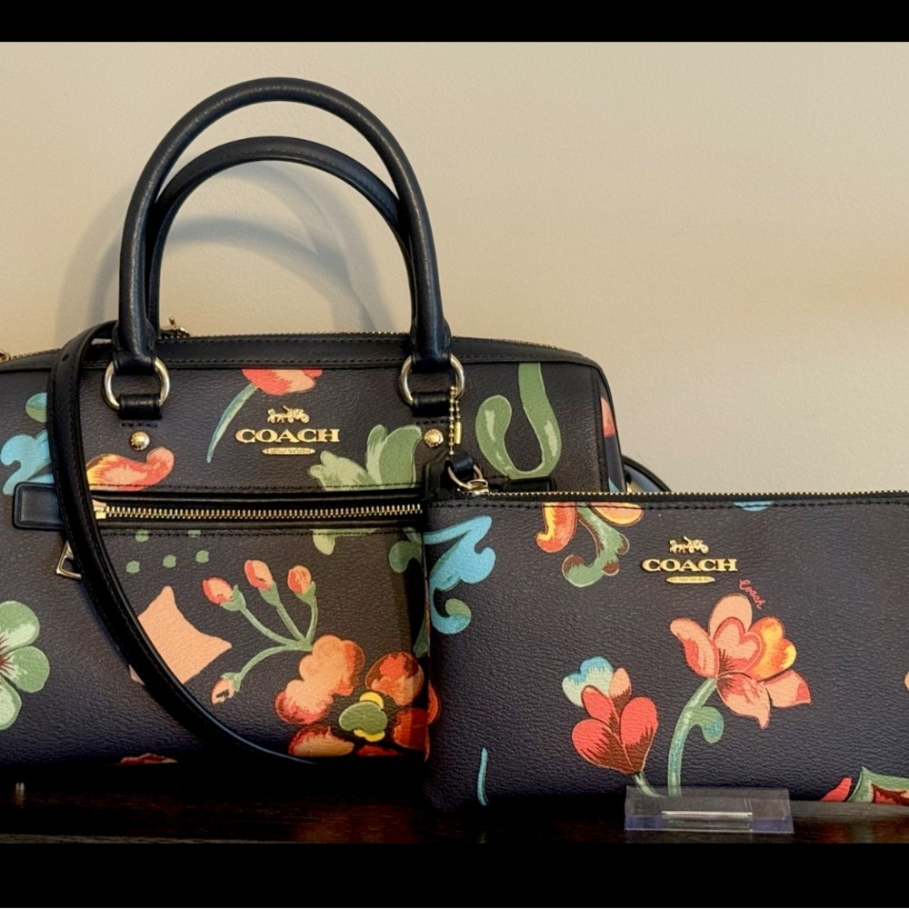 Coach Rowan Satchel Dreamy Land Floral Midnight Multi & Matching Wristlet EUC π - Picture 2 of 13